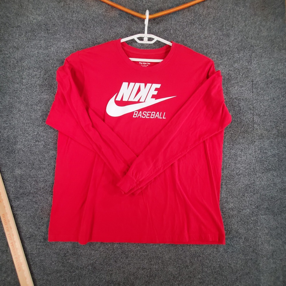 Nike T-Shirt Mens 2XL The Nike Tee Red Backwards K Baseball Long Sleeve Graphic